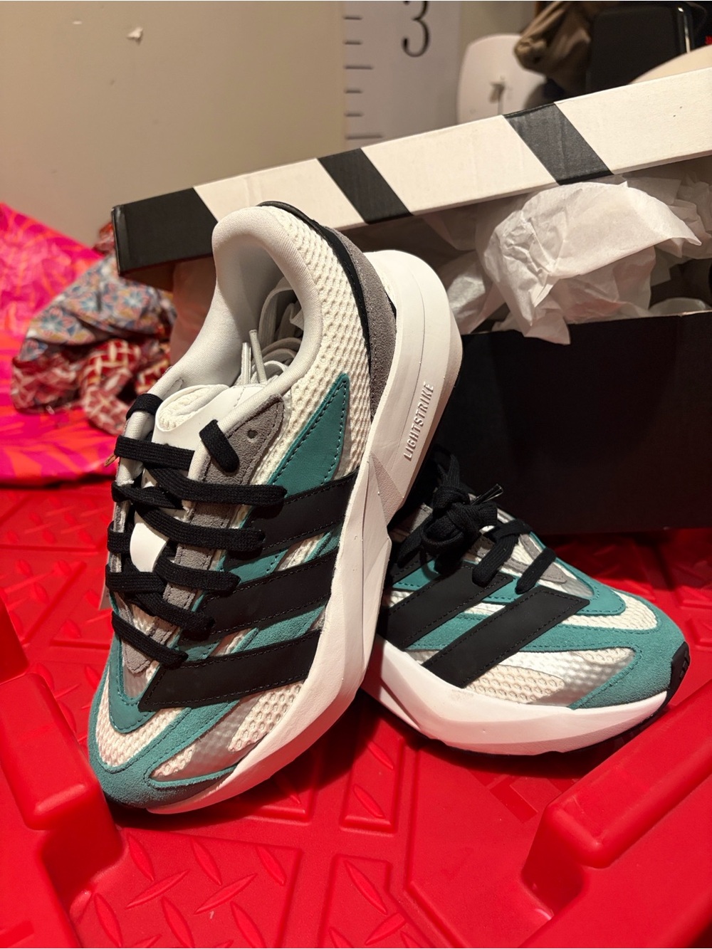 Adidas Lightstrike Athletic Sneakers in White w/Black & Teal in Men's 4